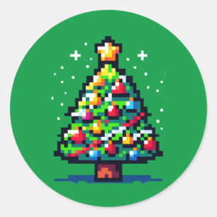 Pegatina Redonda Festividad Pixelada: Diseño de árbol de Navidad de