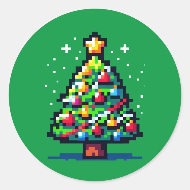 Pegatina Redonda Festividad Pixelada: Diseño de árbol de Navidad de (Anverso)