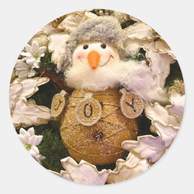 Pegatina Redonda Festividad Rustic Burlap Snowman Poinsettia (Anverso)