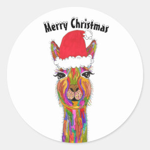 Pegatina Redonda Festividad y colorido Llama Feliz Navidad