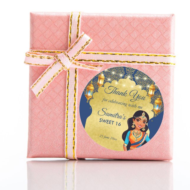 Pegatina Redonda Festividades de cumpleaños de chicas de estilo ind (Indian style girls birthday party thank you favor stickers blue and gold Bollywood favor stickers)