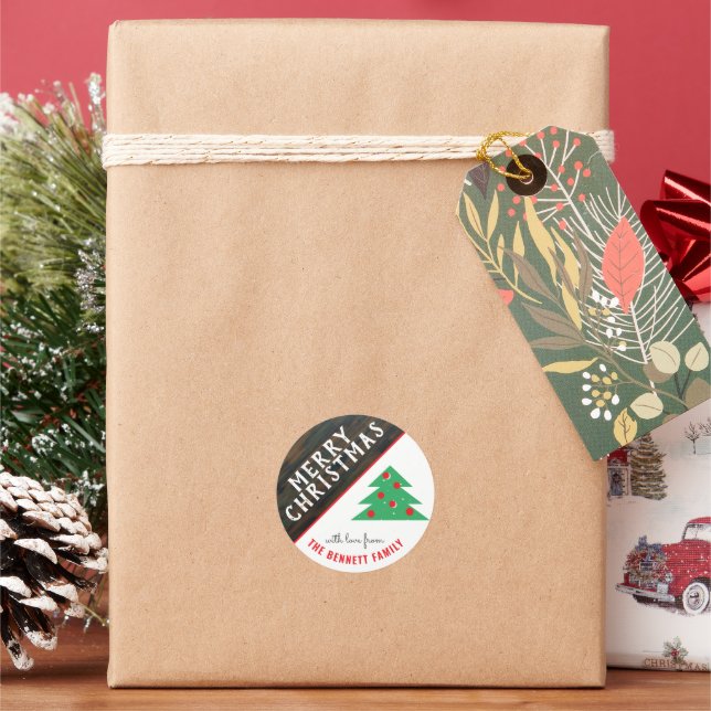 Pegatina Redonda Festividades de familia roja, árbol de Navidad rus (Vacaciones)