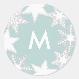 Pegatina Redonda Festividades de Snowflakes Light Blue Monogram