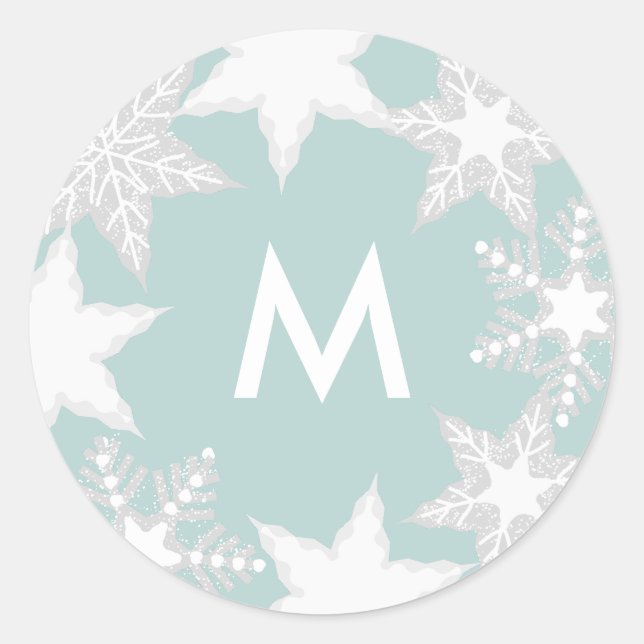 Pegatina Redonda Festividades de Snowflakes Light Blue Monogram (Anverso)