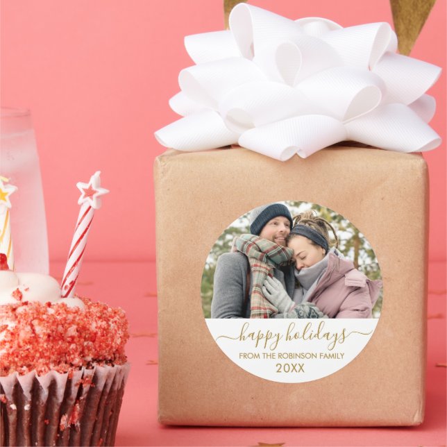 Pegatina Redonda Festividades felices de la pareja Gold White Scrip (Fiesta)