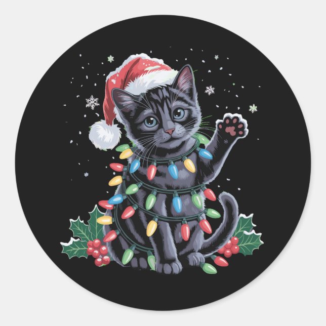 Pegatina Redonda Festividades navideñas de Santa Hat Meowy Navidade (Anverso)