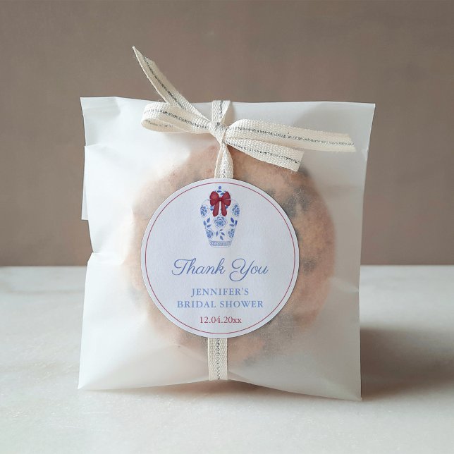 Pegatina Redonda Festividades Red Bow Ginger Jar Gracias Favor (Festive Bridal Shower Favor sticker design featuring a watercolor blue white ginger jar with red bow)