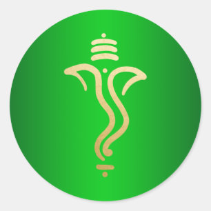 Pegatina Redonda Festivo Ganesha/ Dios Indio Verde Dorado