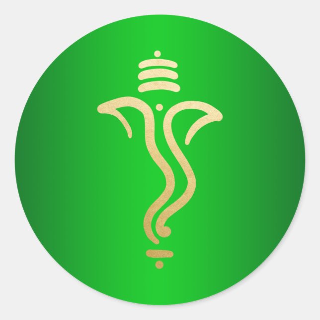 Pegatina Redonda Festivo Ganesha/ Dios Indio Verde Dorado (Anverso)