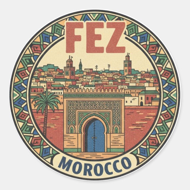 Pegatina Redonda Fez Morocco Travel (Anverso)