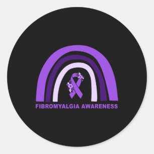 Pegatina Redonda Fibromialgia Apoyo a la Conciencia Floral Púrpura 