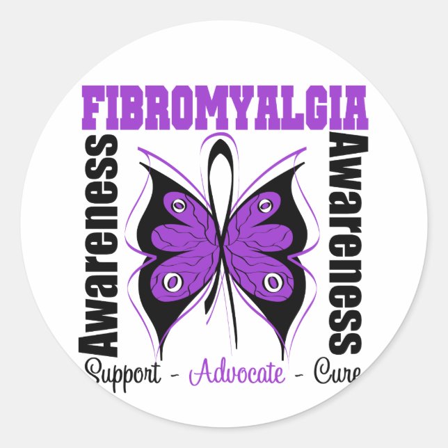 Pegatina Redonda Fibromialgia Conciencia Mariposa (Anverso)