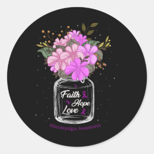 Pegatina Redonda Fibromialgia Fe Love Hope Flower Jar Awareness