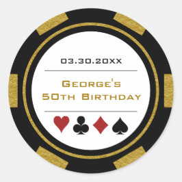 Pegatina Redonda Ficha de cumpleaños de casino de poker de oro y ne