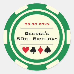 Pegatina Redonda Ficha de póquer Casino Cumpleaños Blanco Rojo Verd
