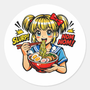 Pegatina Redonda Fideos Ramen de Chica de Anime Slurp Nom