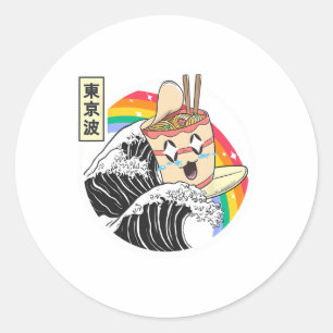 Pegatina Redonda Fideos Ramen Instantáneos Surfing Ola Japonesa Arc