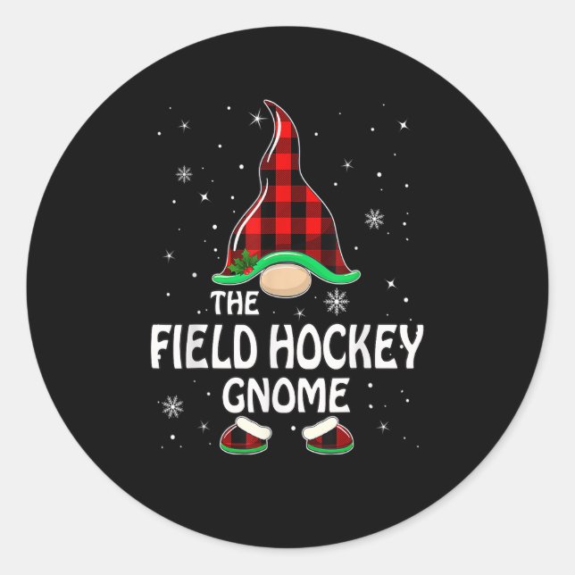 Pegatina Redonda Field Hockey Gnome Buffalo Plaid Matching Family C (Anverso)