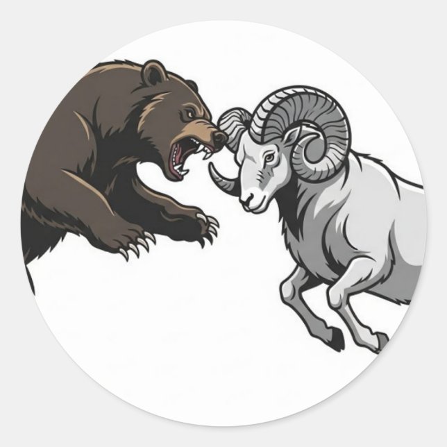 Pegatina Redonda Fierce bear and ram locking horns (Anverso)