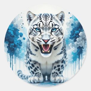 Pegatina Redonda Fiero Leopardo Blanco
