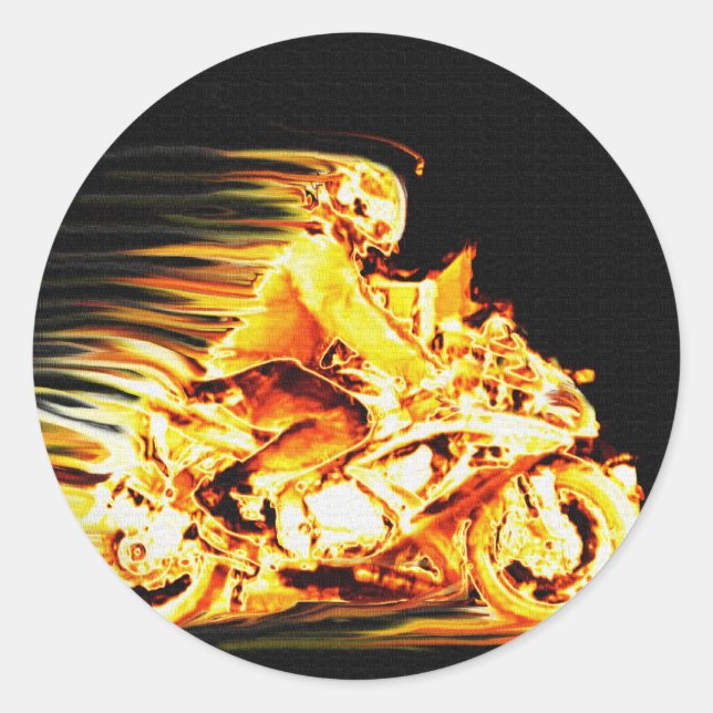 Pegatina Redonda Fiery Biker Motorcycle Fantasy Art (Anverso)