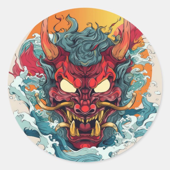 Pegatina Redonda Fiery Hannya Mascara japonesa (Anverso)