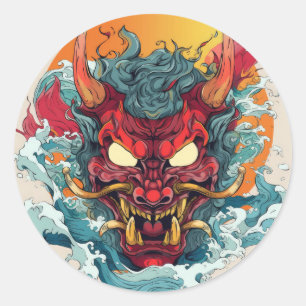 Pegatina Redonda Fiery Hannya Mascara japonesa