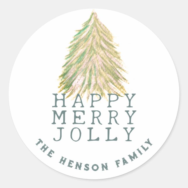 Pegatina Redonda Fiesta acuarela de árbol de navidad verde festivo (Anverso)