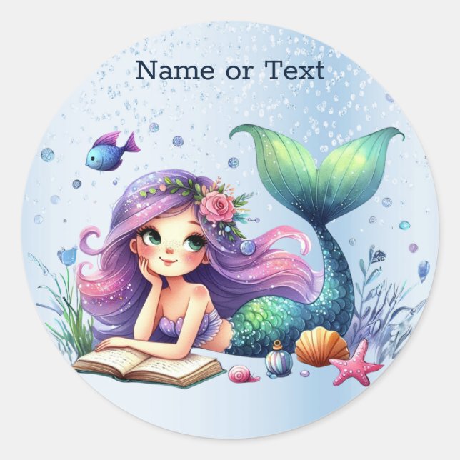 Pegatina Redonda Fiesta acuarela Mermaid Sea Life Cute (Anverso)