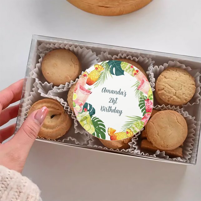 Pegatina Redonda Fiesta  Adulto Adulto de la piscina de bebidas de  (Tropical Fruit Drinks Pool Party Adult Birthday Classic Round Sticker)