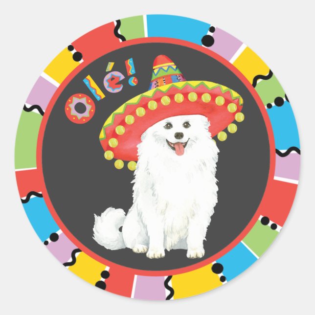 Pegatina Redonda Fiesta American Eskimo Dog (Anverso)