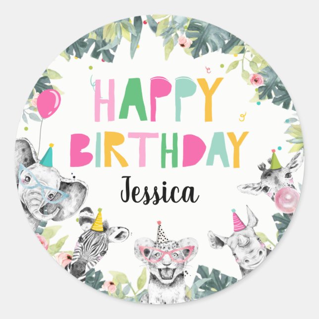 Pegatina Redonda Fiesta Animales Chica Safari Animales fiesta de cu (Anverso)