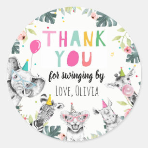 Pegatina Redonda Fiesta Animales Safari Chica Rosa Gracias Salvaje