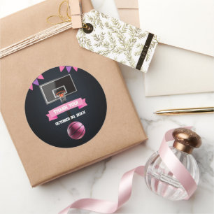 Pegatina Redonda Fiesta Baby Shower de baloncesto rosa