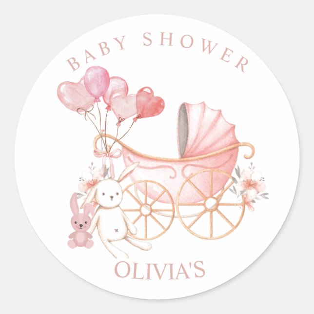 Pegatina Redonda Fiesta Baby Shower de Chica Rosa Bunny (Anverso)