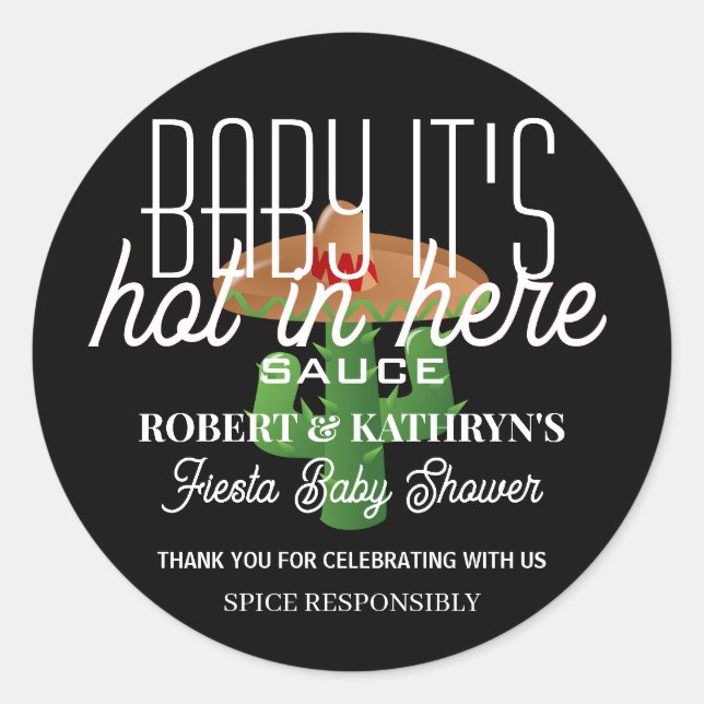 Pegatina Redonda Fiesta Baby Shower Personalized Hot Sauce Classic (Anverso)