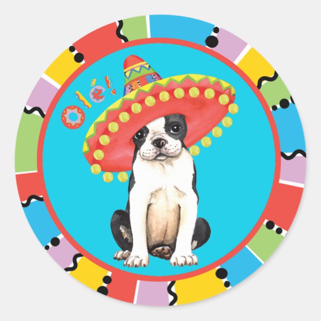 Pegatina Redonda Fiesta Boston Terrier (Anverso)