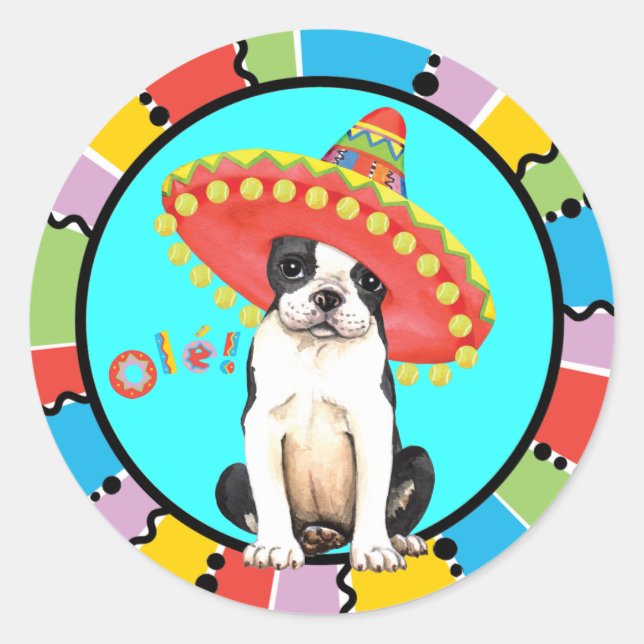 Pegatina Redonda Fiesta Boston Terrier (Anverso)