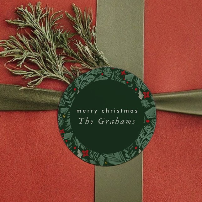 Pegatina Redonda Fiesta Botánica Verde (Green Festive Botanical Holiday Classic Round Sticker)