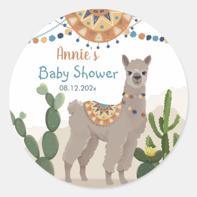 Pegatina Redonda Fiesta Cactus Llama Baby Shower (Anverso)