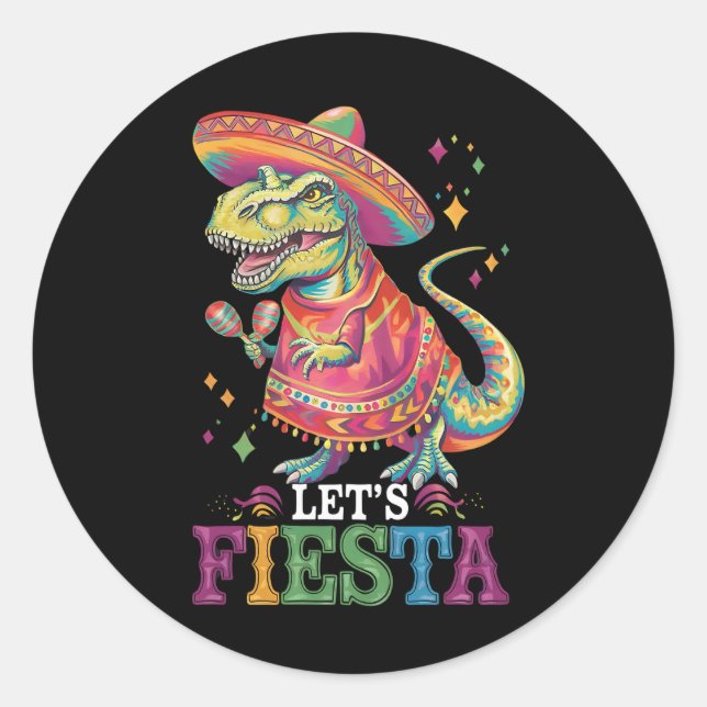 Pegatina Redonda Fiesta Cinco De Mayo T Rex Dinosaur (Anverso)