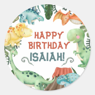 Pegatina Redonda Fiesta como un dinosaurio feliz cumpleaños persona