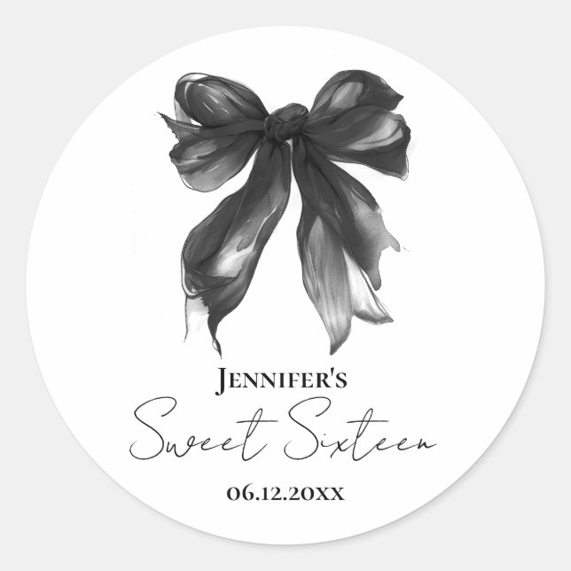 Pegatina Redonda Fiesta Coquette Script Sweet 16 con Lazo Negro (Anverso)