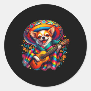 Pegatina Redonda Fiesta Cute Chihuahua tocando guitarra Cinco De