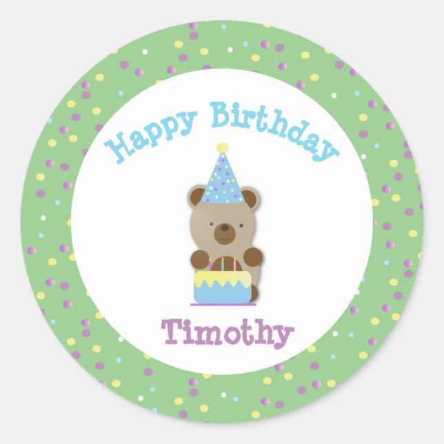 Pegatina Redonda Fiesta Cute Teddy Bear Cumpleaños (Anverso)