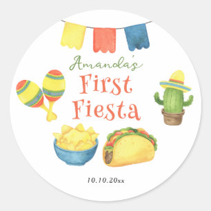 Pegatina Redonda Fiesta de Acuarela Cumpleaños Uno