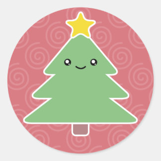 Pegatina Redonda Fiesta de árbol de Navidad de Kawaii