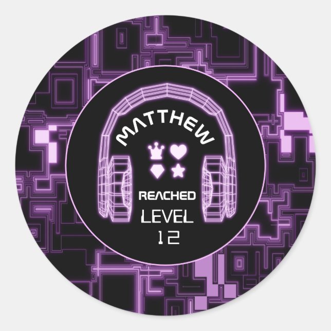 Pegatina Redonda Fiesta de auriculares de videojuegos con brillo pú (Anverso)