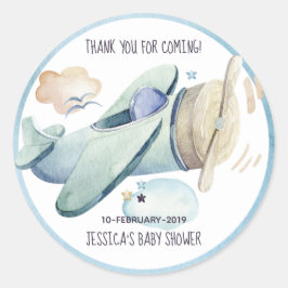 Pegatina Redonda Fiesta de avión acuarela azul