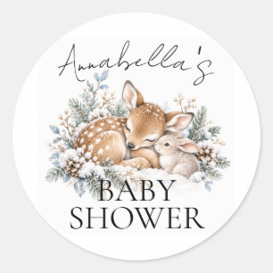 Pegatina Redonda Fiesta de Baby Shower de Bosque Invernal con Cierv
